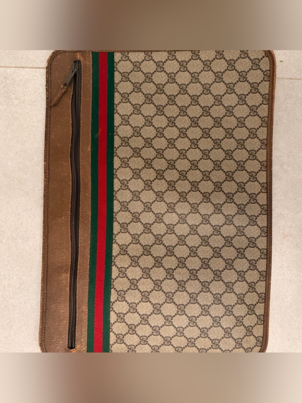 Gucci Brown GG Supreme Laptop Case with Red and Green Web